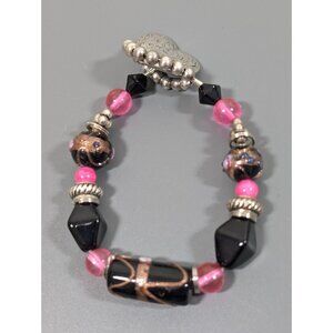 Danforth Pewter Heart Clasp Pink Black Murano Art Glass Bracelet Toggle 7"